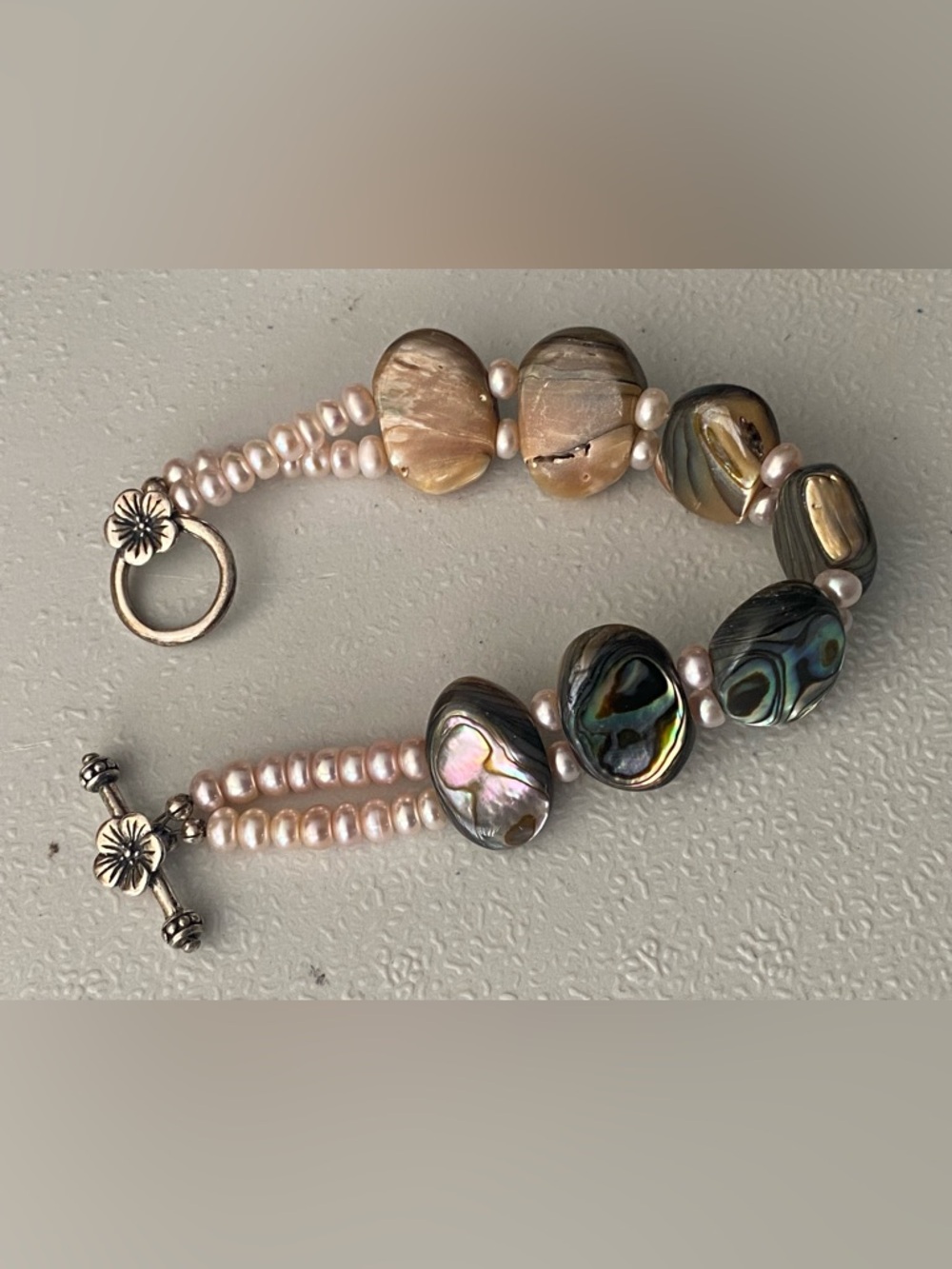 Abalone Shell & Pearl Bracelet Sterling Silver Toggle Baroque Artisan Jewelry - Picture 2 of 8